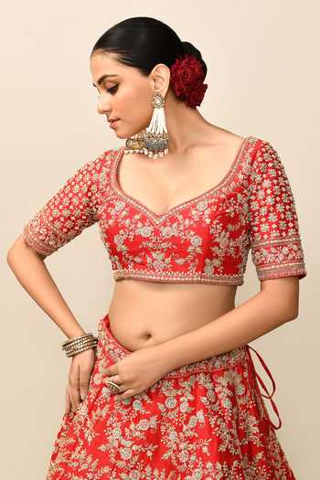 Kalighata_Red Silk, Net Zari, Sequins, Cut Work, Harshita Raw Bridal Lehenga Set _at_Aza_Fashions