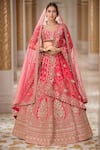 Buy_Kalighata_Pink Raw Silk Embroidery Zari Leaf Neck Alamjeb Resham Bridal Lehenga Set _at_Aza_Fashions