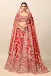 Kalighata_Red Raw Silk Embroidery Zardozi Leaf Neck Persia Sequin Bridal Lehenga Set _Online_at_Aza_Fashions