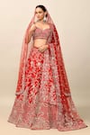 Buy_Kalighata_Red Raw Silk Embroidery Zardozi Leaf Neck Persia Sequin Bridal Lehenga Set _Online_at_Aza_Fashions