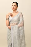 Shop_Kalighata_Grey Organza Embroidery Cutdana Sweetheart Neck Stripe Saree With Blouse _Online_at_Aza_Fashions