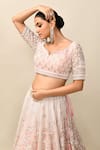 Shop_Kalighata_Pink Organza Embroidery Zardozi Leaf Neck Architectural Bridal Lehenga Set 