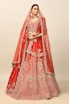 Kalighata_Red Raw Silk Embroidery Cutdana Sweetheart Neck Zaveri Bridal Lehenga Set _Online_at_Aza_Fashions