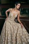 Seema Gujral_Brown Net Embellished Pearl Plunge Sweetheart Leafy Gown _Online_at_Aza_Fashions