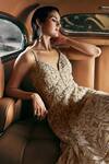 Buy_Seema Gujral_Brown Net Embellished Pearl Plunge Sweetheart Leafy Gown _Online_at_Aza_Fashions