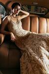 Shop_Seema Gujral_Brown Net Embellished Pearl Plunge Sweetheart Leafy Gown _Online_at_Aza_Fashions