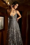 Seema Gujral_Grey Net Embroidered Sequins Plunge Sweetheart Tonal Metallic Gown _Online_at_Aza_Fashions