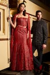 Seema Gujral_Red Net Embellished Sequin Straight Tonal Embroidered Mermaid Lehenga Set _at_Aza_Fashions