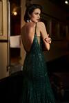 Shop_Seema Gujral_Emerald Green Net Embellished Sequin Plunge Sweetheart Crystal Slit Gown _at_Aza_Fashions