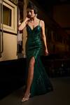 Seema Gujral_Emerald Green Net Embellished Sequin Plunge Sweetheart Crystal Slit Gown _Online_at_Aza_Fashions