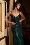 Shop_Seema Gujral_Emerald Green Net Embellished Sequin Plunge Sweetheart Crystal Slit Gown _Online_at_Aza_Fashions