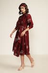 Buy_Arcvsh by Pallavi Singh_Burgundy Silk Chanderi Screen Printed Floral Collared Abstract Midi Dress _at_Aza_Fashions