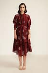 Arcvsh by Pallavi Singh_Burgundy Silk Chanderi Screen Printed Floral Collared Abstract Midi Dress _Online_at_Aza_Fashions