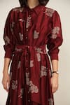 Shop_Arcvsh by Pallavi Singh_Burgundy Silk Chanderi Screen Printed Floral Collared Abstract Midi Dress _Online_at_Aza_Fashions