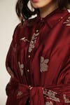 Arcvsh by Pallavi Singh_Burgundy Silk Chanderi Screen Printed Floral Collared Abstract Midi Dress _at_Aza_Fashions