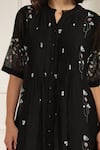 Arcvsh by Pallavi Singh_Black Cotton Chanderi Printed Floral Notched Abstract Midi Dress _at_Aza_Fashions