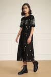 Buy_Arcvsh by Pallavi Singh_Black Silk Chanderi Handblock Printed Floral Round Abstract Midi Dress _at_Aza_Fashions