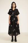 Arcvsh by Pallavi Singh_Black Silk Chanderi Screen Printed Floral Collared Abstract Midi Dress _Online_at_Aza_Fashions