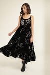 Buy_Arcvsh by Pallavi Singh_Black Silk Velvet Printed Discharge Round Midi Dress _at_Aza_Fashions