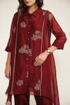 Arcvsh by Pallavi Singh_Burgundy Shirt Cotton Chanderi Screen Printed Floral Collared And Pant Set _at_Aza_Fashions