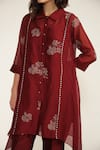 Buy_Arcvsh by Pallavi Singh_Burgundy Shirt Cotton Chanderi Screen Printed Floral Collared And Pant Set 