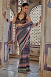 Shop_Kalista_Multi Color Blouse Silk Velvet Print Bloom Vine Collar Neck Inara Saree Set _Online_at_Aza_Fashions