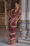 Buy_Kalista_Red Blouse Silk Velvet Print Flora Vine Collar Neck Inara Saree Set _at_Aza_Fashions