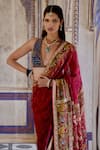 Shop_Kalista_Red Blouse Viscose Silk Print Gul Sequin Chhaya And Embroidered Saree With _Online_at_Aza_Fashions