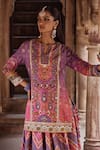 Kalista_Pink Viscose Silk Print Mughal Flora Sequin Split V Neck Rehmat Lehenga Set _at_Aza_Fashions