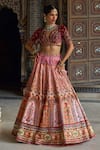 Kalista_Pink Blouse Natural Velvet Print Mughal Nehmat And Embroidered Lehenga Set _Online_at_Aza_Fashions