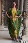 Buy_Kalista_Green Viscose Satin Print Gulbahar Sequin V Neck Saisha And Embellished Kaftan _at_Aza_Fashions