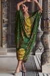 Shop_Kalista_Green Viscose Satin Print Gulbahar Sequin V Neck Saisha And Embellished Kaftan _Online_at_Aza_Fashions