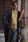 Kalista_Blue Viscose Satin Print Phoolbahar Sequin V Neck Saisha And Embellished Kaftan _Online_at_Aza_Fashions