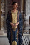 Shop_Kalista_Blue Viscose Satin Print Phoolbahar Sequin V Neck Saisha And Embellished Kaftan _Online_at_Aza_Fashions