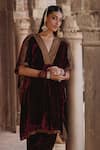 Buy_Kalista_Maroon Silk Velvet Embroidery Zari V-neck Zohra Kaftan With Pant 