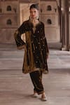 Buy_Kalista_Green Silk Velvet Embroidery Floral Notched Anam Zari A-line Kurta With Pant _at_Aza_Fashions