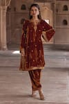 Buy_Kalista_Brown Silk Velvet Embroidery Floral Notched Anam Zari A-line Kurta With Pant _at_Aza_Fashions