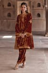 Kalista_Brown Silk Velvet Embroidery Floral Notched Anam Zari A-line Kurta With Pant _Online_at_Aza_Fashions