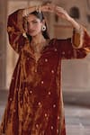 Buy_Kalista_Brown Silk Velvet Embroidery Floral Notched Anam Zari A-line Kurta With Pant _Online_at_Aza_Fashions