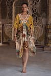 Buy_Kalista_Multi Color Natural Crepe Print Mughal V-neck Niyami Floral Asymmetric Dress _at_Aza_Fashions