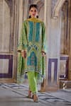 Buy_Kalista_Green Kurta And Pant Chanderi Silk Print Floral Notched Kaisha A-line & Set _at_Aza_Fashions