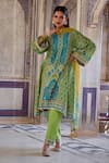 Kalista_Green Kurta And Pant Chanderi Silk Print Floral Notched Kaisha A-line & Set _Online_at_Aza_Fashions