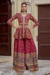 Buy_Kalista_Red Chanderi Silk Print Sequin V-neck Amber Floral Peplum Kurta With Sharara _at_Aza_Fashions