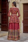 Kalista_Red Chanderi Silk Print Sequin V-neck Amber Floral Peplum Kurta With Sharara _Online_at_Aza_Fashions