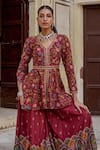 Shop_Kalista_Red Chanderi Silk Print Sequin V-neck Amber Floral Peplum Kurta With Sharara _Online_at_Aza_Fashions