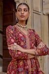 Kalista_Red Chanderi Silk Print Sequin V-neck Amber Floral Peplum Kurta With Sharara _at_Aza_Fashions