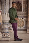 Buy_Kalista_Green Achkan Satin Printed Mughal Floral Zayn Set _Online_at_Aza_Fashions