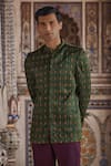 Kalista_Green Achkan Satin Printed Mughal Floral Zayn Set _at_Aza_Fashions