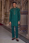 Buy_Kalista_Green Achkan Chanderi Silk Aryan Paisley Motif Kurta And Pant Set _at_Aza_Fashions