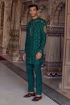 Kalista_Green Achkan Chanderi Silk Aryan Paisley Motif Kurta And Pant Set _Online_at_Aza_Fashions